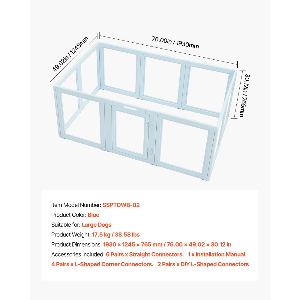 VEVOR Box per Parto di Cani Cuccioli 1930x1245x765mm, Recinto per Parto in Plastica per Cani Taglia Grande, Impermeabile con Finestre Trasparenti Serratura per Porta, Kit per Animali Domestici