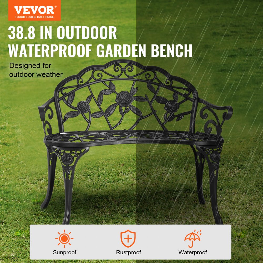 VEVOR Panchina da Esterno da 57 x 98,7 x 79 cm Panchina da Giardino in Metallo per Esterni, Capacità di Carico di 218 kg Panchina da Giardino con Schienale, Braccioli, per Parco, Cortile, Portico