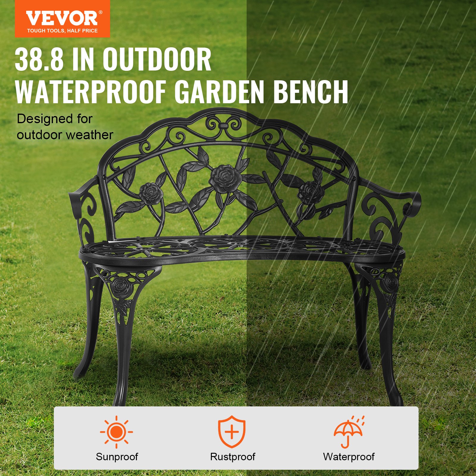 VEVOR Panchina da Esterno da 57 x 98,7 x 79 cm Panchina da Giardino in Metallo per Esterni, Capacità di Carico di 218 kg Panchina da Giardino con Schienale, Braccioli, per Parco, Cortile, Portico