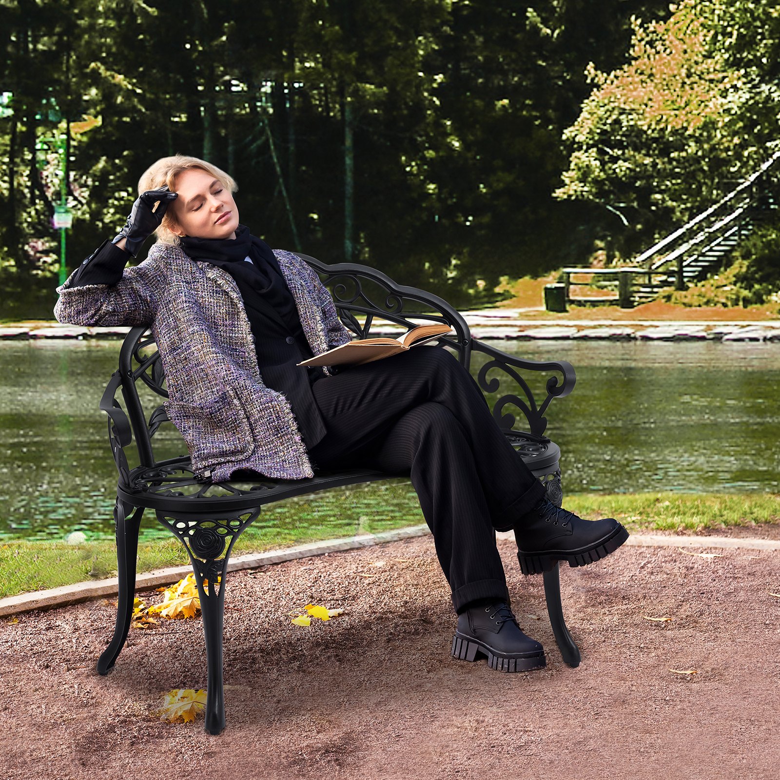 VEVOR Panchina da Esterno da 57 x 98,7 x 79 cm Panchina da Giardino in Metallo per Esterni, Capacità di Carico di 218 kg Panchina da Giardino con Schienale, Braccioli, per Parco, Cortile, Portico