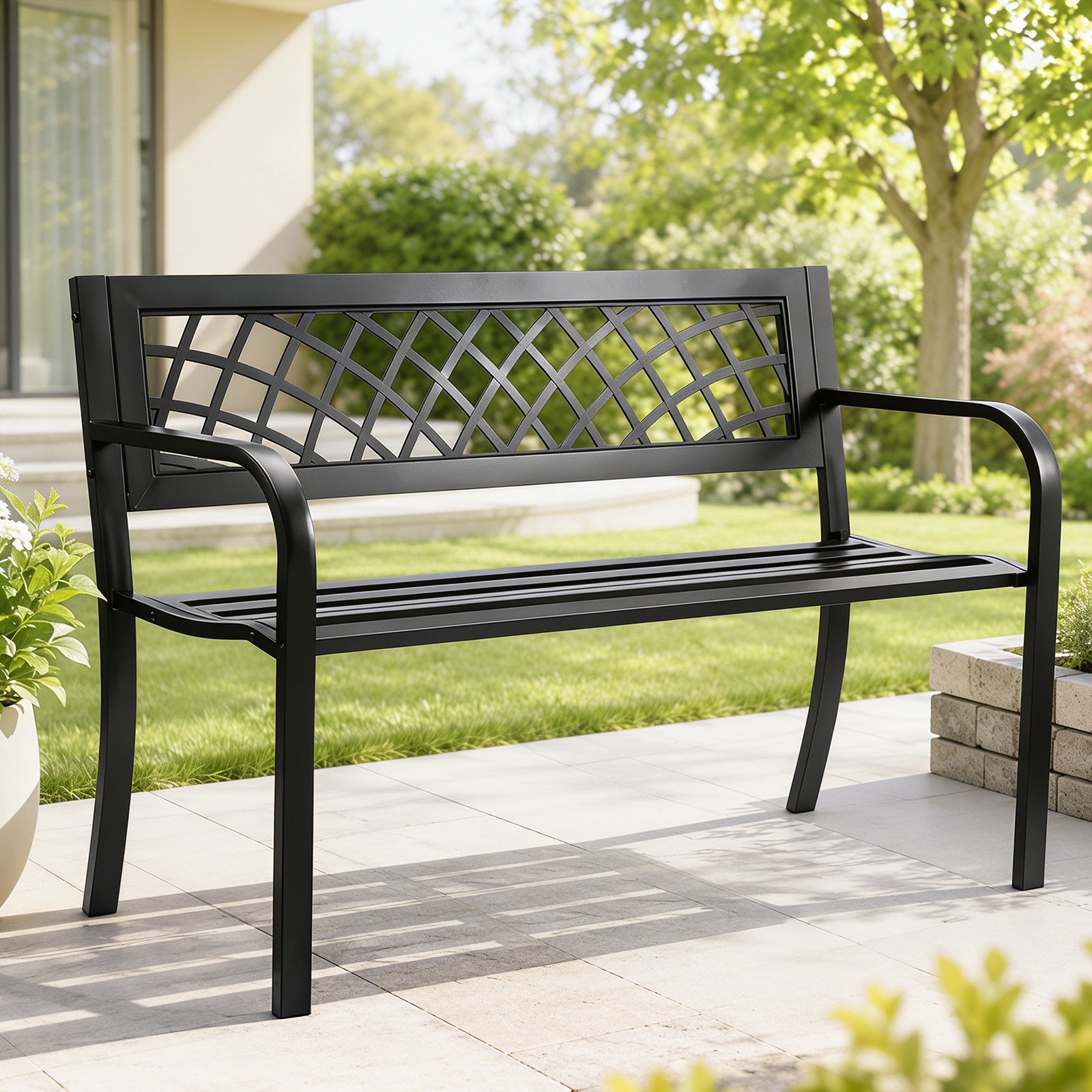 VEVOR Panchina da Esterno da 52,5 x 116,3 x 76,2 cm Panchina da Giardino in Metallo per Esterni, Capacità di Carico di 218 kg Panchina da Giardino con Schienale, Braccioli, per Parco, Cortile, Portico