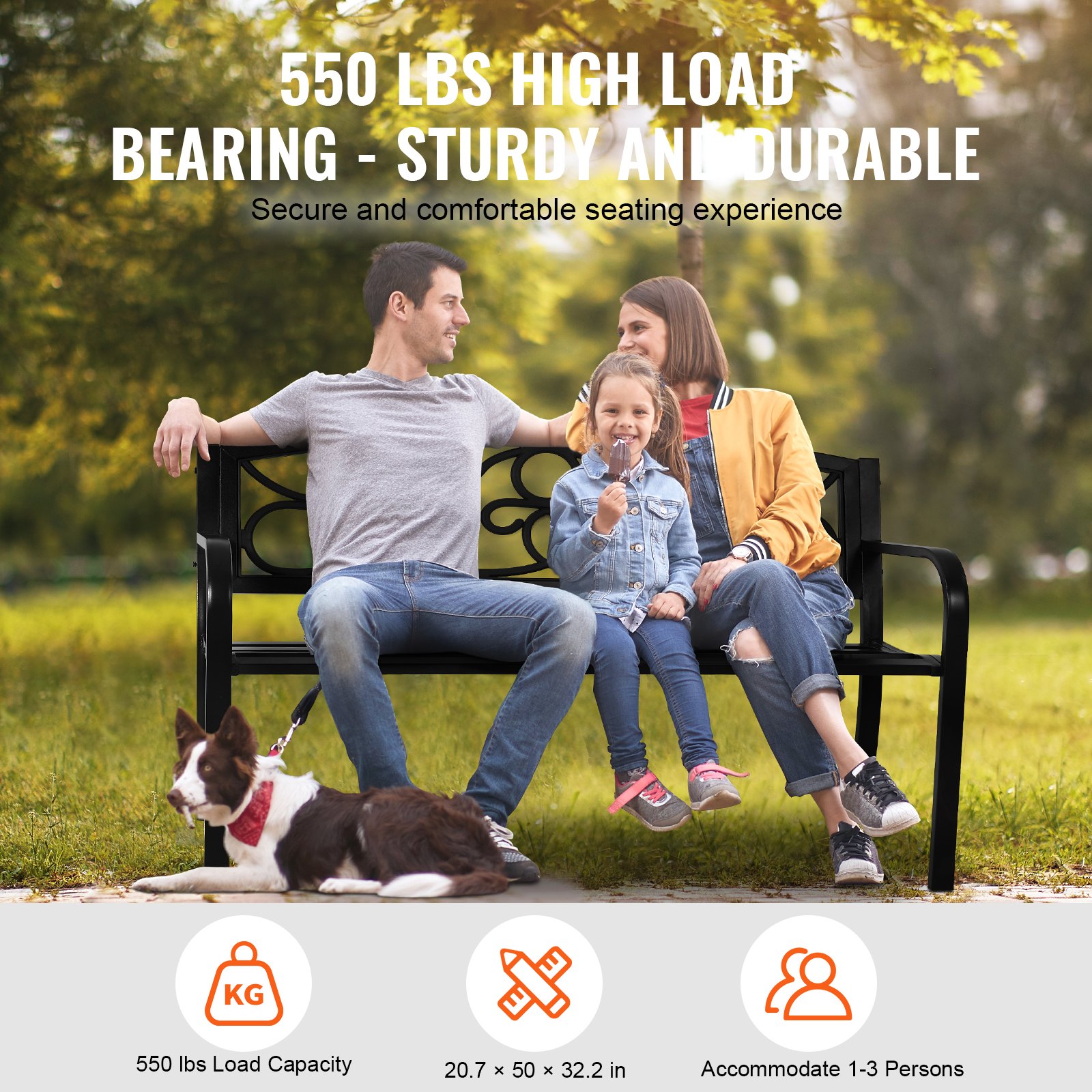 VEVOR Panchina da Esterno da 52,7 x 127 x 81,8 cm Panchina da Giardino in Metallo per Esterni, Capacità di Carico di 250 kg Panchina da Giardino con Schienale, Braccioli, per Parco, Cortile, Portico