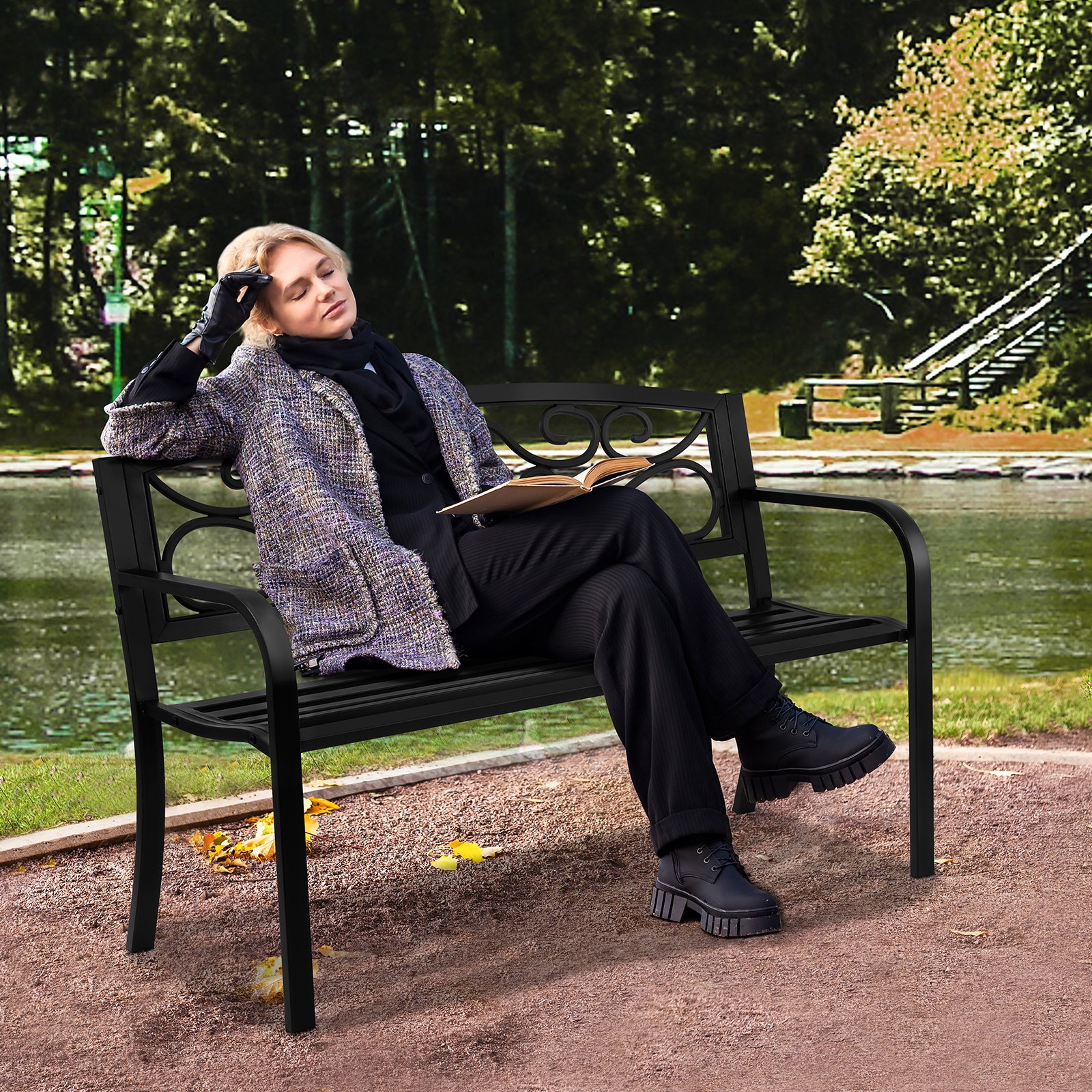 VEVOR Panchina da Esterno da 52,7 x 127 x 81,8 cm Panchina da Giardino in Metallo per Esterni, Capacità di Carico di 250 kg Panchina da Giardino con Schienale, Braccioli, per Parco, Cortile, Portico