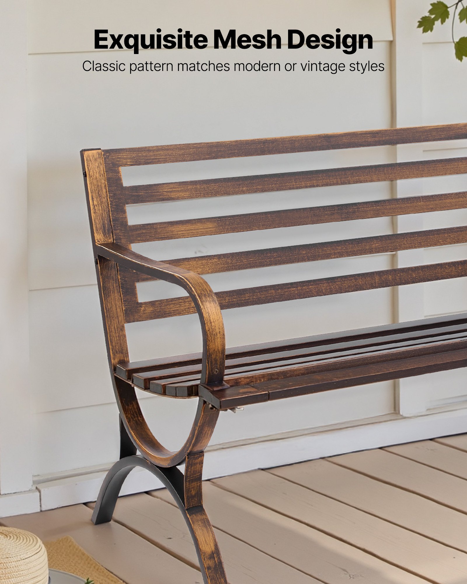 VEVOR Panca da Esterno, 127 cm, Struttura in Acciaio al Carbonio con Schienale a Doghe e Braccioli con Bordo Arrotondato, Panca da Esterno Resistente alle Intemperie per Patio, Giardino, Parco