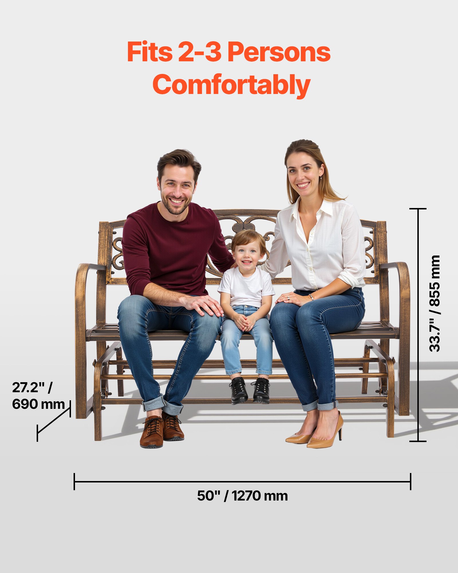 VEVOR Outdoor Bench, 127 cm, Carbon Steel Metal Frame with Cast Iron Backrest and Round Edge Armrests, Weatherproof Outside Glider Bench for Patio, Garden, Park, Yard, Front Porch, Antique Bronze