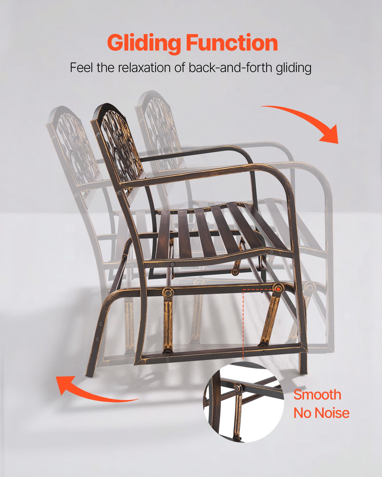 VEVOR Outdoor Bench, 127 cm, Carbon Steel Metal Frame with Cast Iron Backrest and Round Edge Armrests, Weatherproof Outside Glider Bench for Patio, Garden, Park, Yard, Front Porch, Antique Bronze