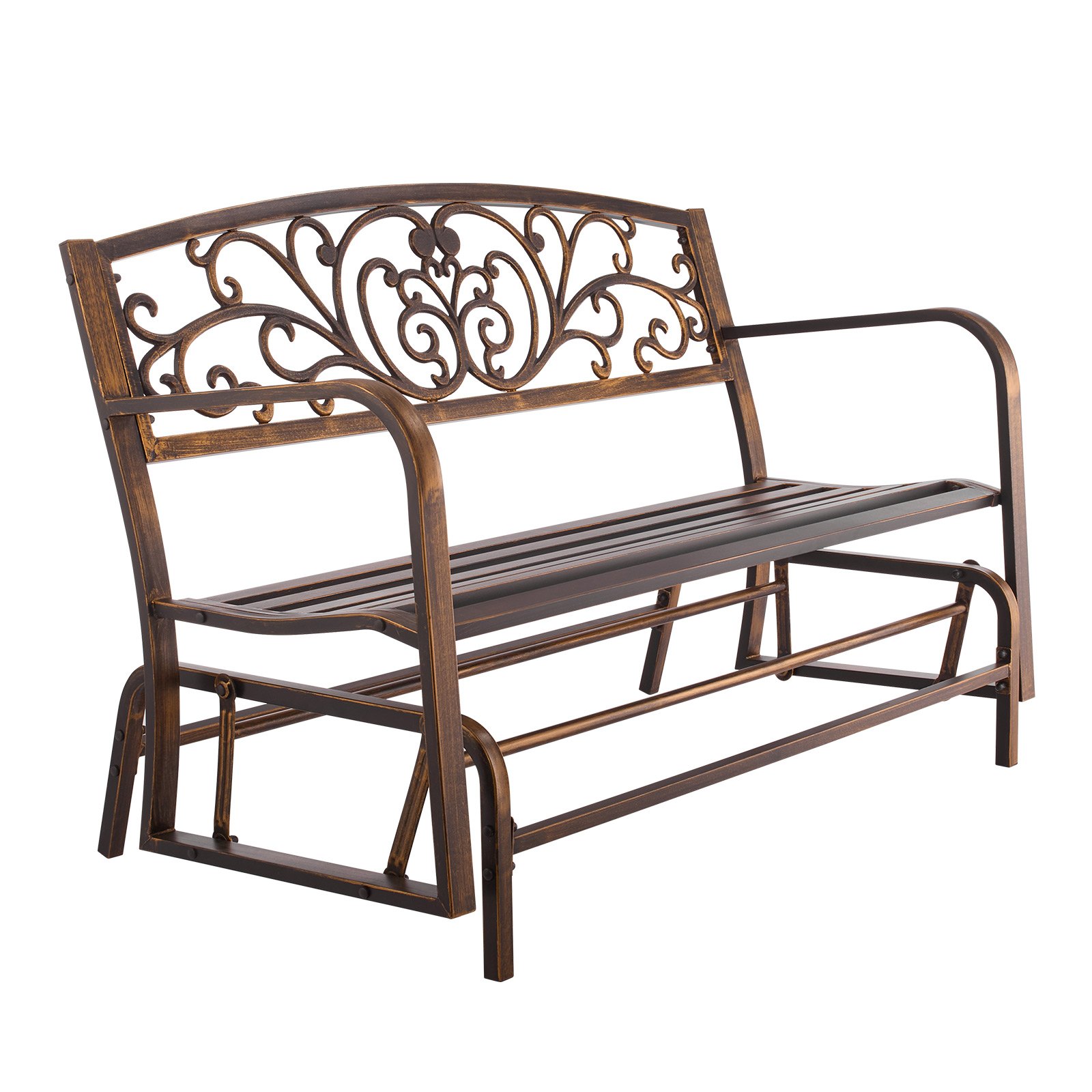 VEVOR Outdoor Bench, 127 cm, Carbon Steel Metal Frame with Cast Iron Backrest and Round Edge Armrests, Weatherproof Outside Glider Bench for Patio, Garden, Park, Yard, Front Porch, Antique Bronze