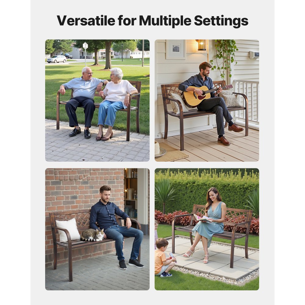 VEVOR Outdoor Bench, 116 cm, Carbon Steel Metal Frame with PVC Mesh Pattern Backrest and Round Edge Armrests, Weatherproof Outside Bench for Patio, Garden, Park, Yard, Front Porch, Antique Bronze