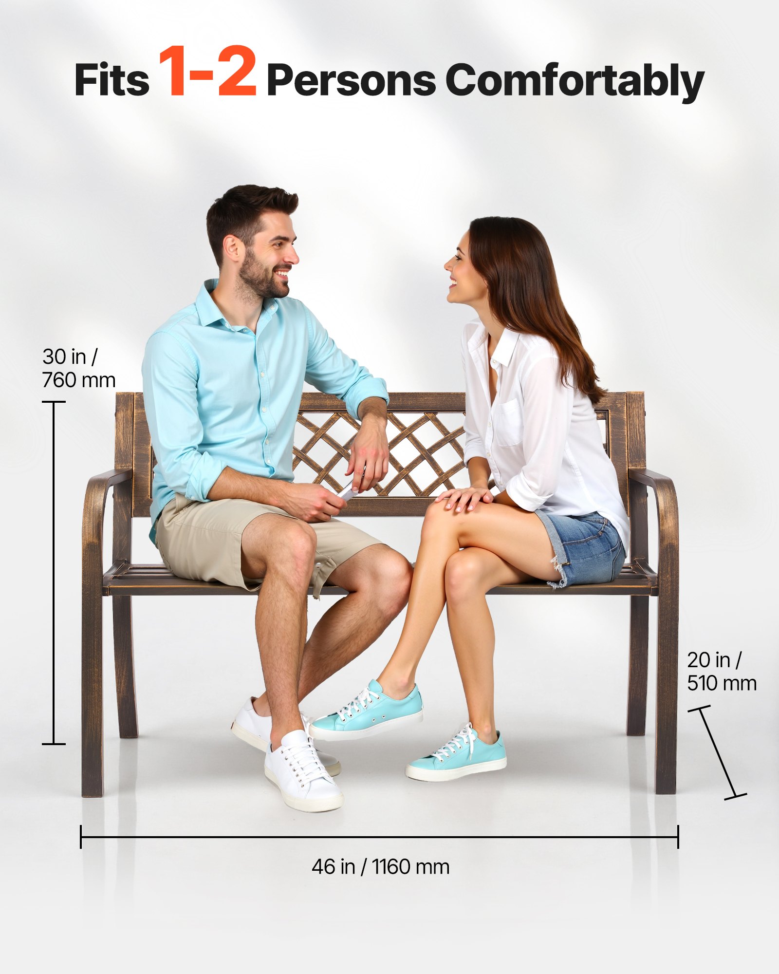 VEVOR Outdoor Bench, 116 cm, Carbon Steel Metal Frame with PVC Mesh Pattern Backrest and Round Edge Armrests, Weatherproof Outside Bench for Patio, Garden, Park, Yard, Front Porch, Antique Bronze