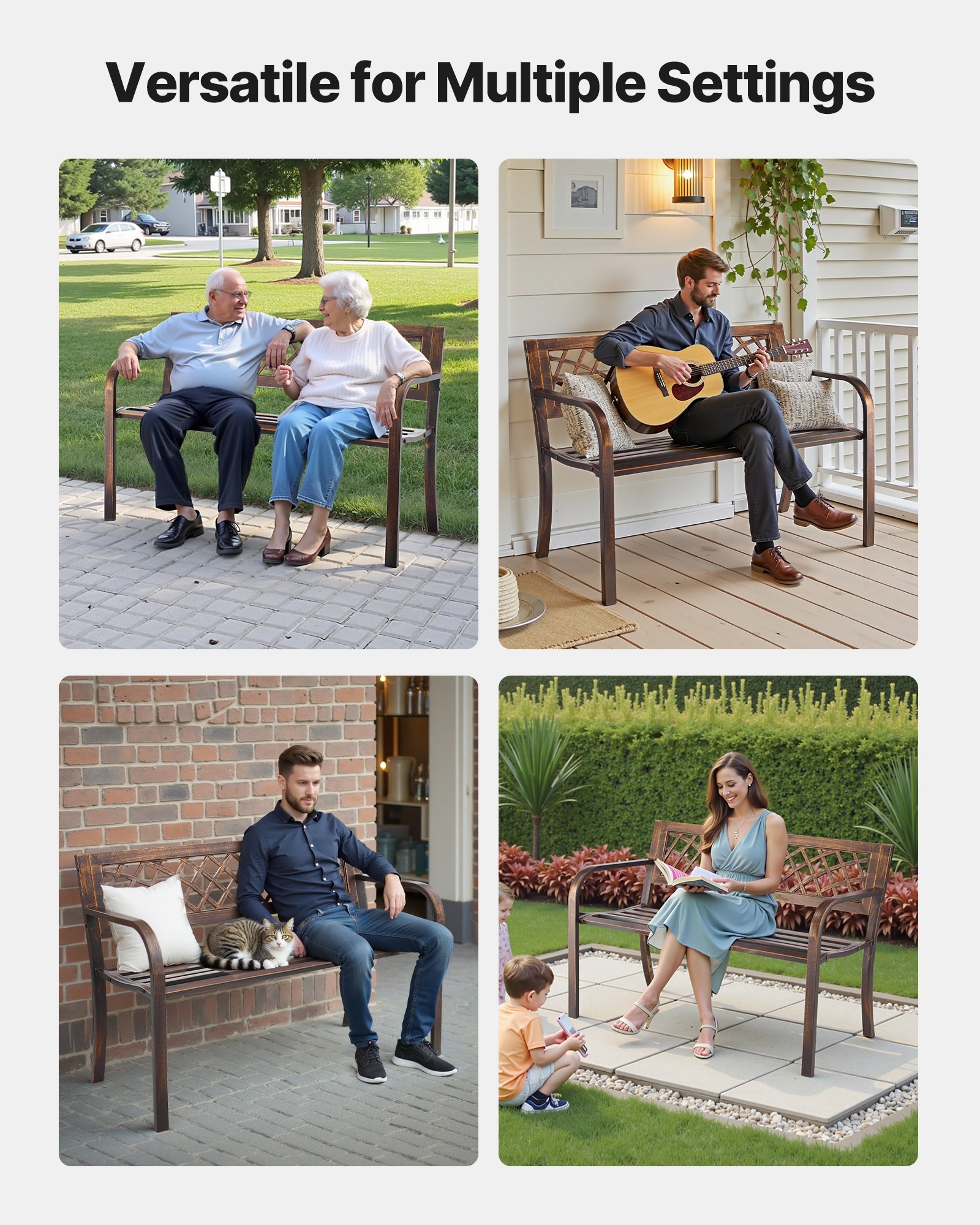 VEVOR Outdoor Bench, 116 cm, Carbon Steel Metal Frame with PVC Mesh Pattern Backrest and Round Edge Armrests, Weatherproof Outside Bench for Patio, Garden, Park, Yard, Front Porch, Antique Bronze