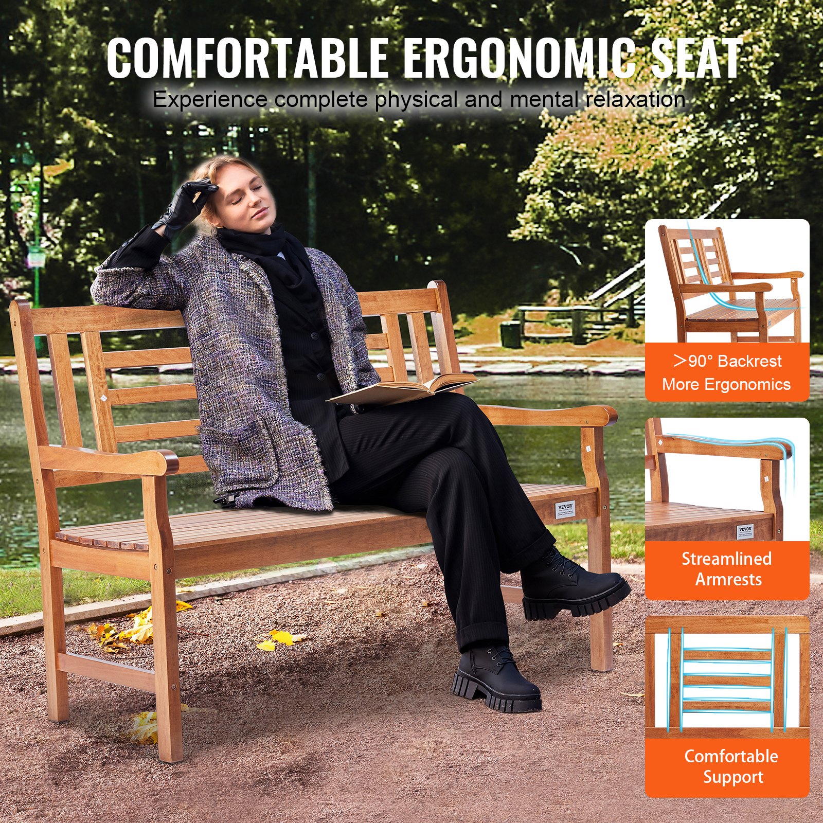 VEVOR Panchina da Esterno, Panca da Giardino in Legno da 122 cm Esterni, Panchina con Capacità di Carico 318 kg con Schienale Braccioli, Panca da Patio per Giardino, Parco, Cortile, Portico Anteriore