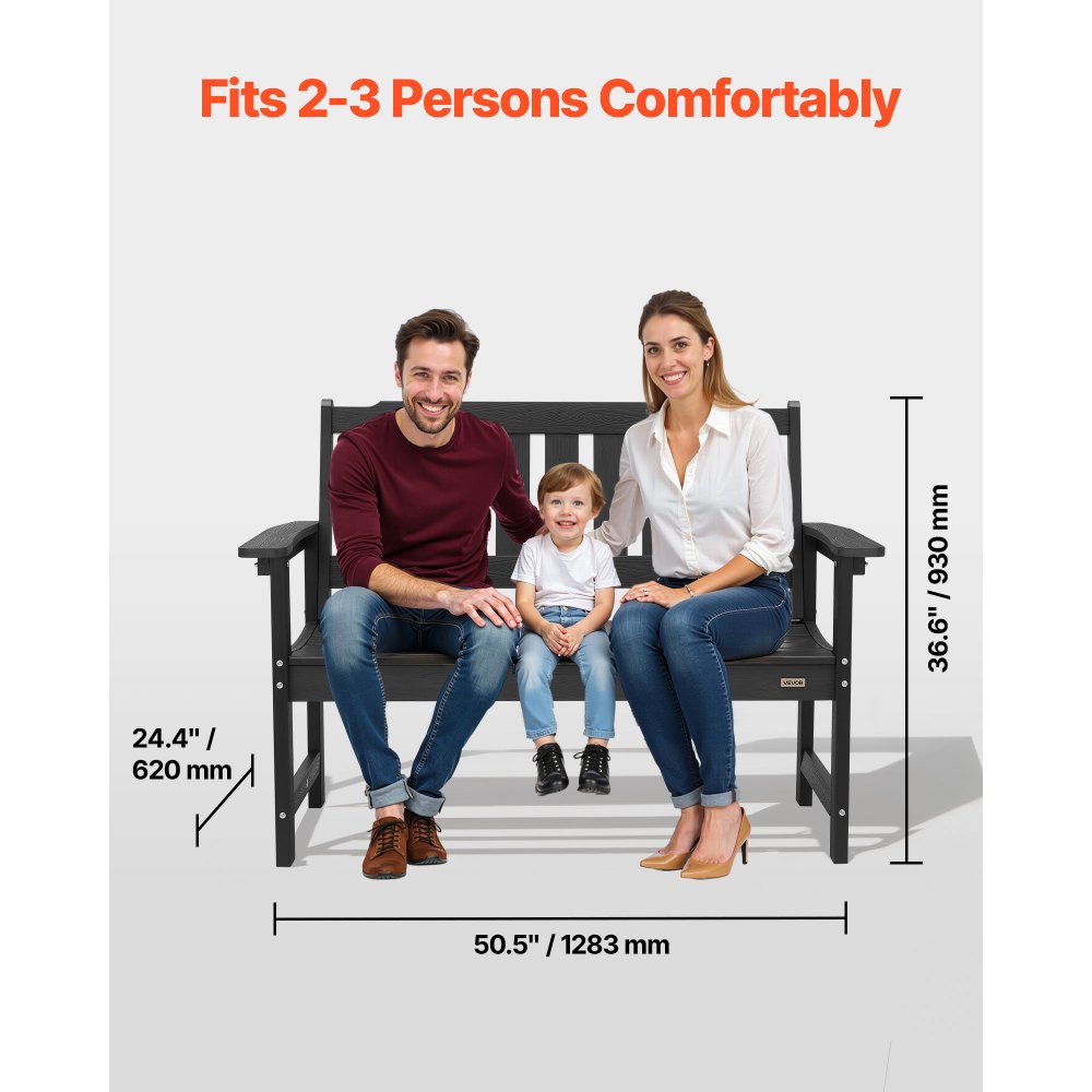 VEVOR Panca da Giardino, Panca da Esterno in Plastica Lunghezza 128 cm Capacità di Carico da 363 kg, Sedia per Esterno con Schienale Braccioli per Cortile, Parco, Giardino, Nero