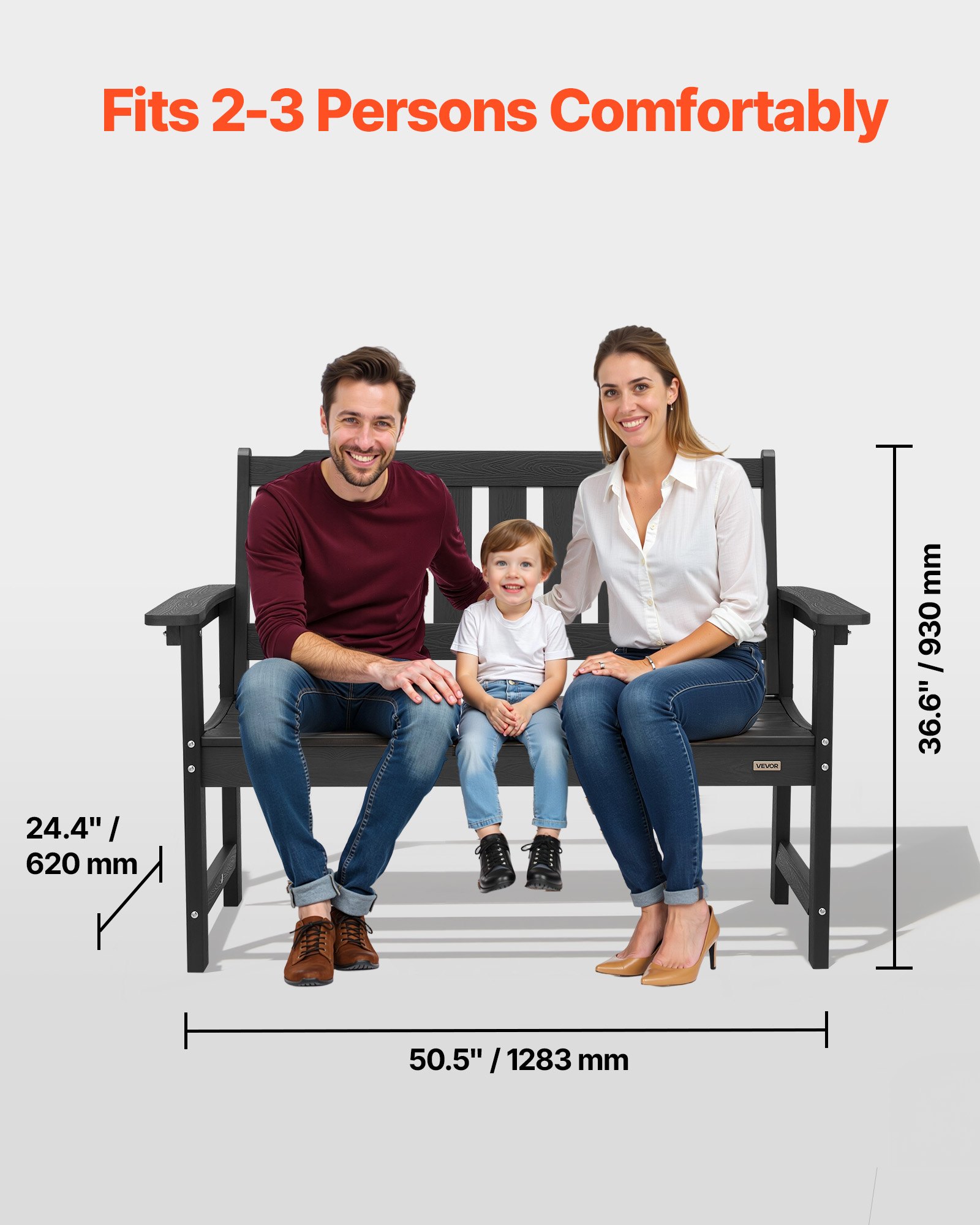 VEVOR Outdoor Bench, 128 cm, 363 kg Weight Capacity for 2-3 Persons, Weatherproof Plastic Frame with Backrest and Wide Armrests, Outside Bench for Patio, Garden, Park, Yard, Front Porch, Black