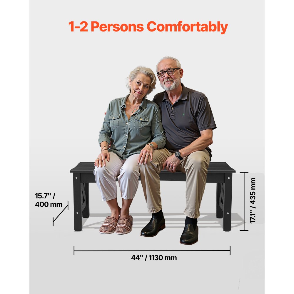 VEVOR Outdoor Bench, 113 cm, 272 kg Weight Capacity, Weatherproof Plastic Frame with Adjustable Level Footpads and Thick Leg, Outside Bench for Patio, Garden, Park, Yard, Front Porch, Black