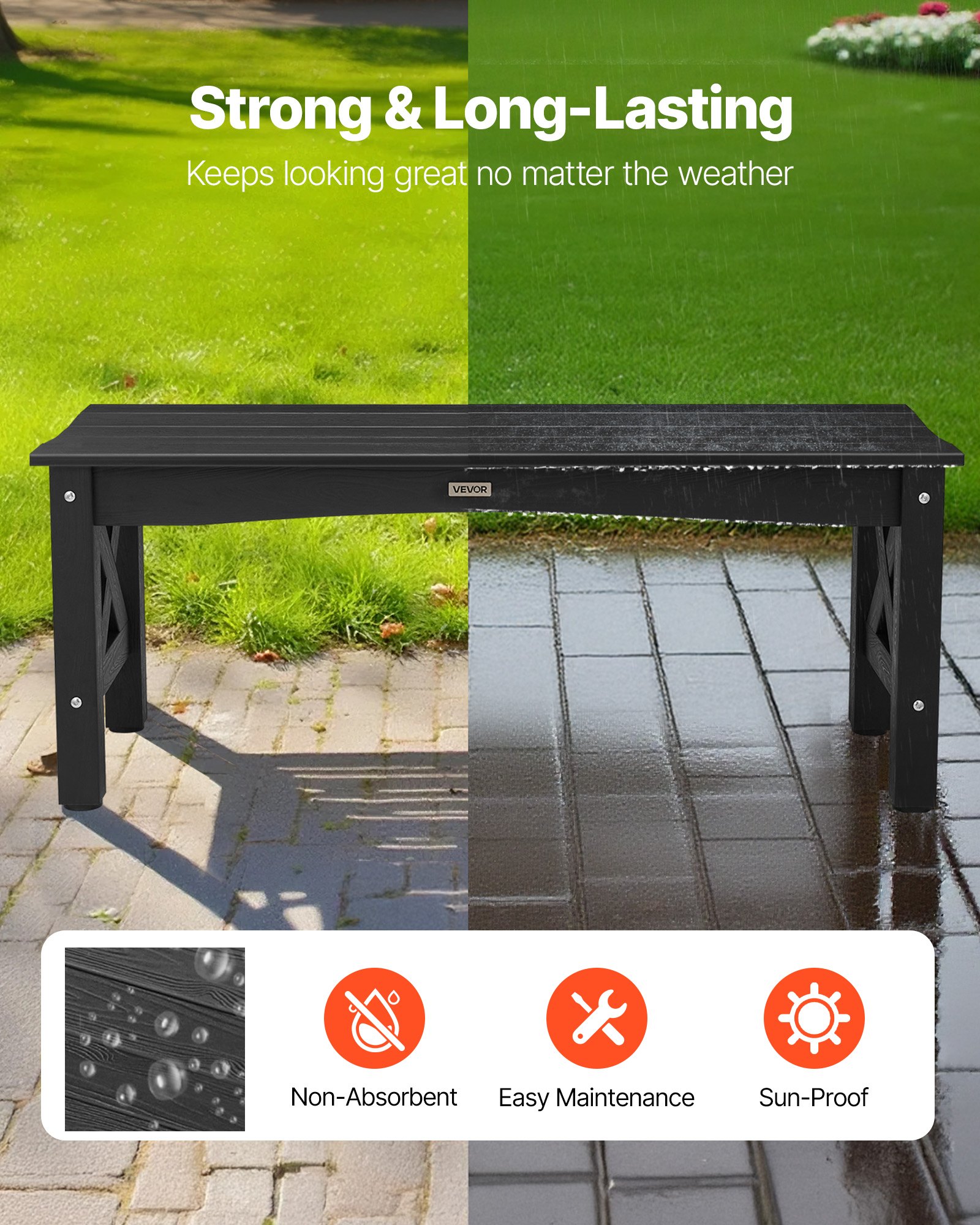 VEVOR Panca da Giardino Lunghezza 113 cm in Plastica per Esterni, Capacità di Carico 272 kg, Panchina da Cortile 1130 x 400 x 435 mm, Panca per Parco, Cortile, Giardino, Nero