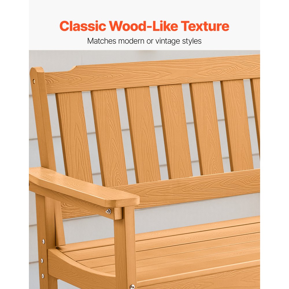 VEVOR Outdoor Bench, 128 cm, 363 kg Weight Capacity for 2-3 Persons, Weatherproof Plastic Frame with Backrest and Wide Armrests, Outside Bench for Patio, Garden, Park, Yard, Natural Wood Color
