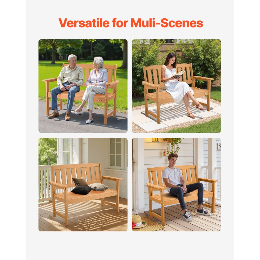 VEVOR Outdoor Bench, 128 cm, 363 kg Weight Capacity for 2-3 Persons, Weatherproof Plastic Frame with Backrest and Wide Armrests, Outside Bench for Patio, Garden, Park, Yard, Natural Wood Color