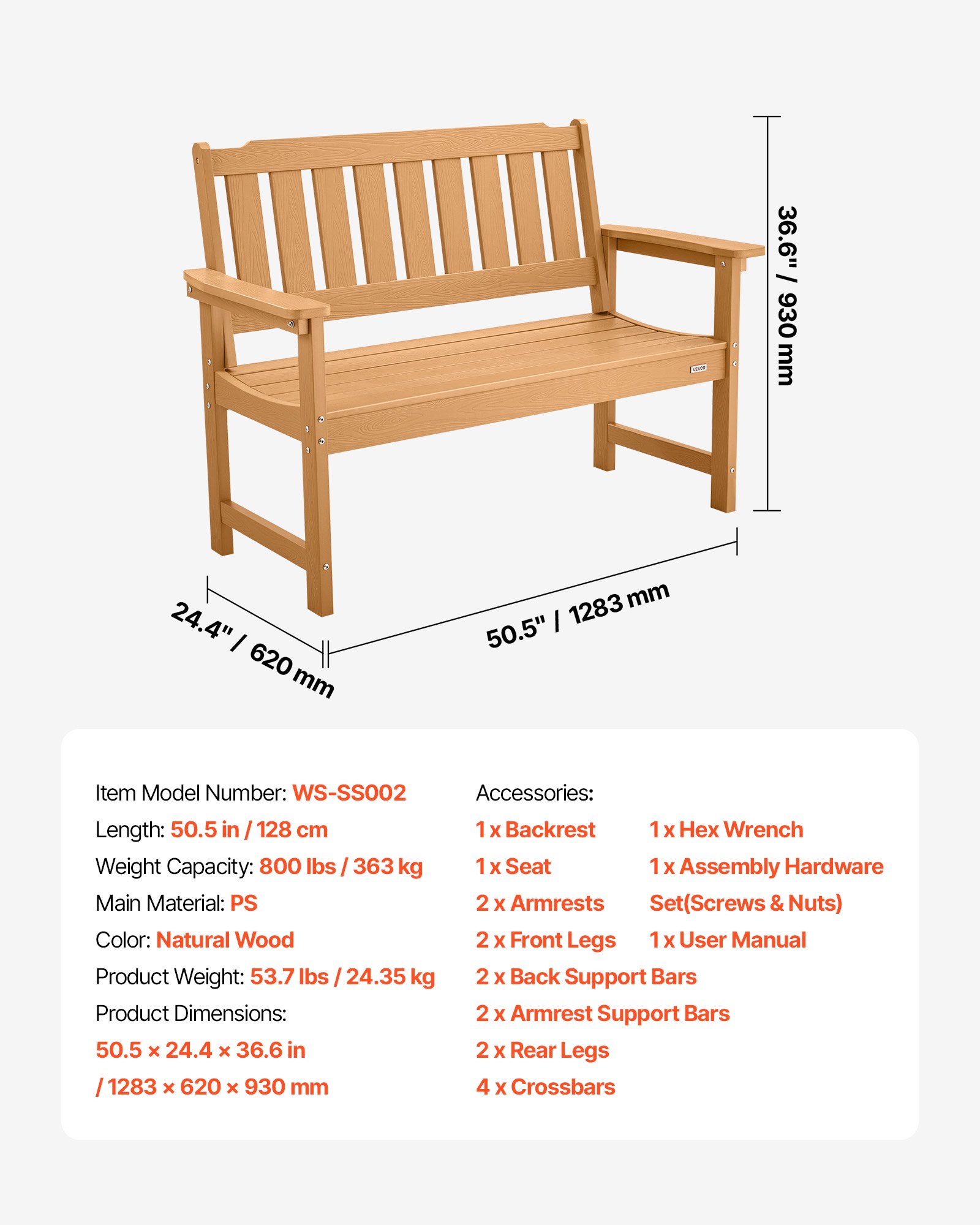 VEVOR Outdoor Bench, 128 cm, 363 kg Weight Capacity for 2-3 Persons, Weatherproof Plastic Frame with Backrest and Wide Armrests, Outside Bench for Patio, Garden, Park, Yard, Natural Wood Color