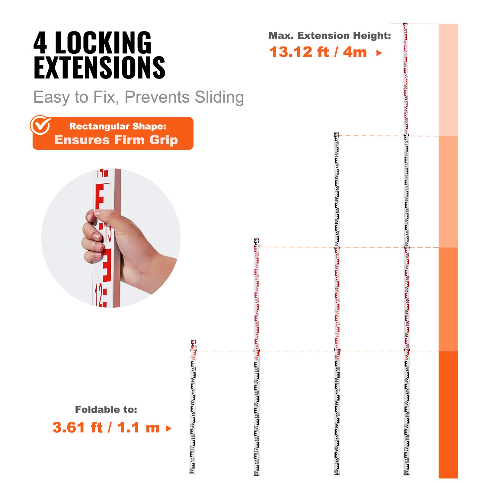 VEVOR Aluminum Measuring Rod, 4 m Metric Telescopic Measuring Rod, Double-Sided Scale in cm/mm, Leveling Rod, Aluminum Alloy Surveying Rod with Spirit Level and Carrying Case for Measuring Houses, Walls, Floors