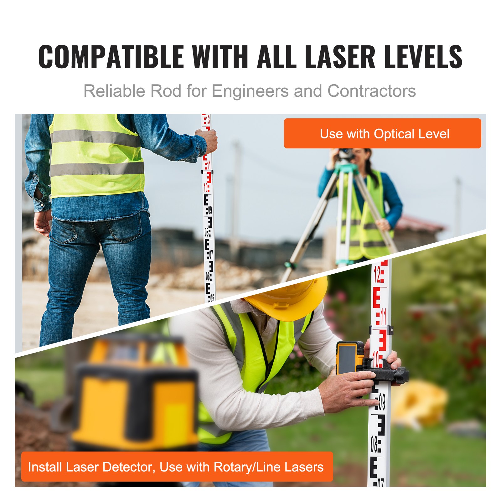 VEVOR Aluminum Measuring Rod, 4 m Metric Telescopic Measuring Rod, Double-Sided Scale in cm/mm, Leveling Rod, Aluminum Alloy Surveying Rod with Spirit Level and Carrying Case for Measuring Houses, Walls, Floors