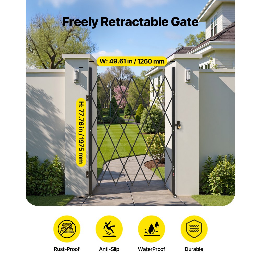VEVOR Single Folding Security Gate, Lockable Scissor Gate with 360° Swivel Casters, Outdoor Barricade Steel Retractable Gates, for Entry Security, Garage, Warehouse & Pool, 1260 x 1975 mm (W x H)