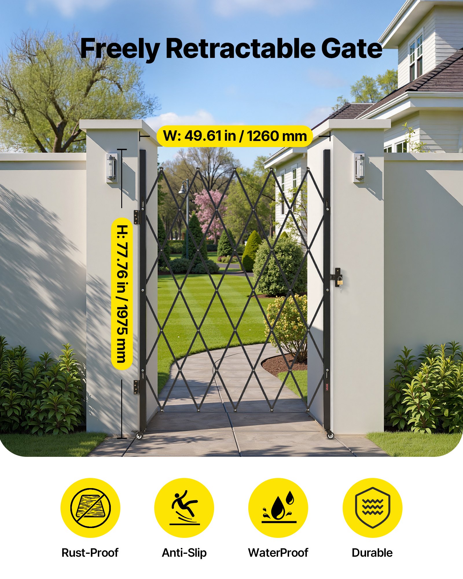 VEVOR Single Folding Security Gate, Lockable Scissor Gate with 360° Swivel Casters, Outdoor Barricade Steel Retractable Gates, for Entry Security, Garage, Warehouse & Pool, 1260 x 1975 mm (W x H)