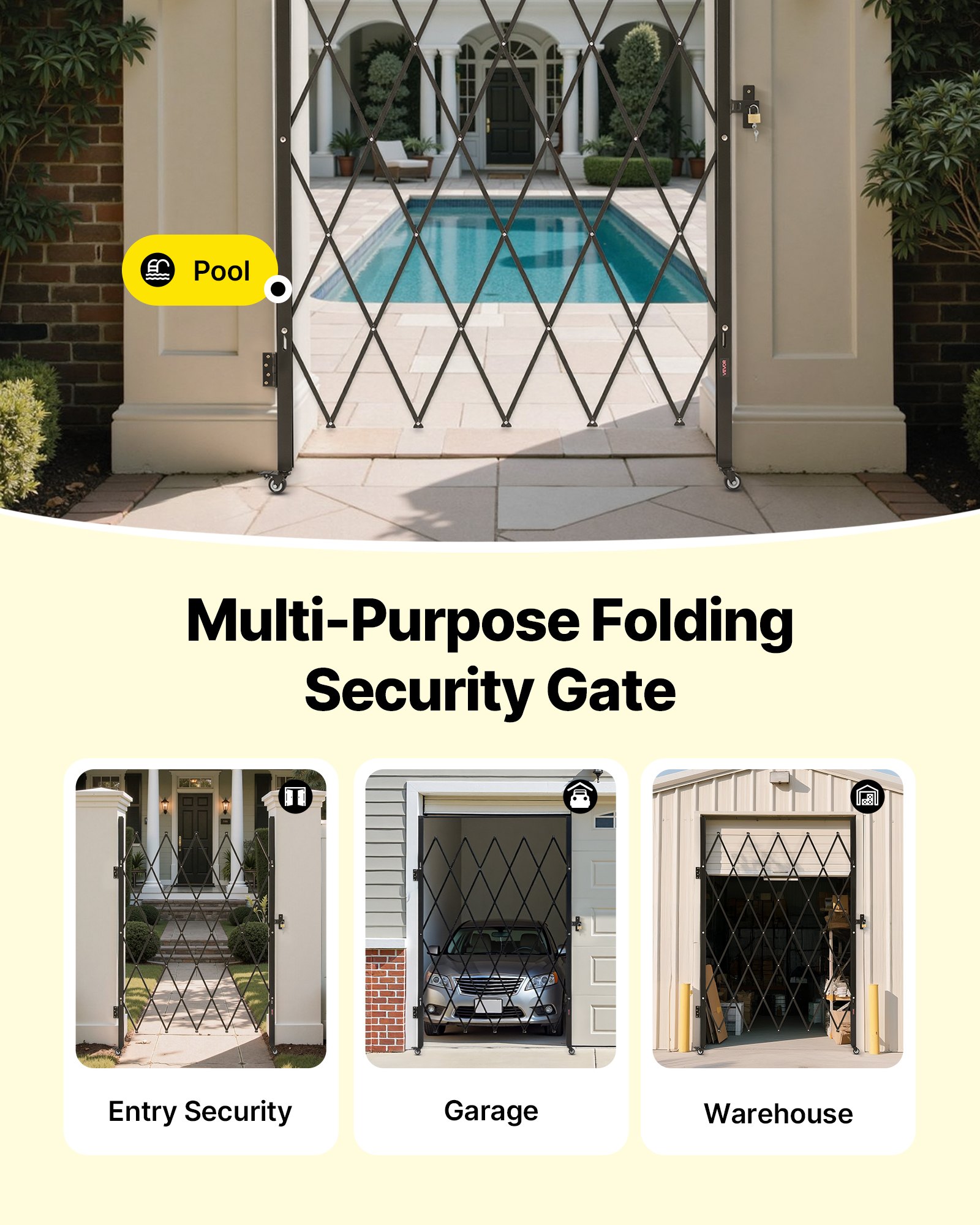 VEVOR Single Folding Security Gate, Lockable Scissor Gate with 360° Swivel Casters, Outdoor Barricade Steel Retractable Gates, for Entry Security, Garage, Warehouse & Pool, 1260 x 1975 mm (W x H)