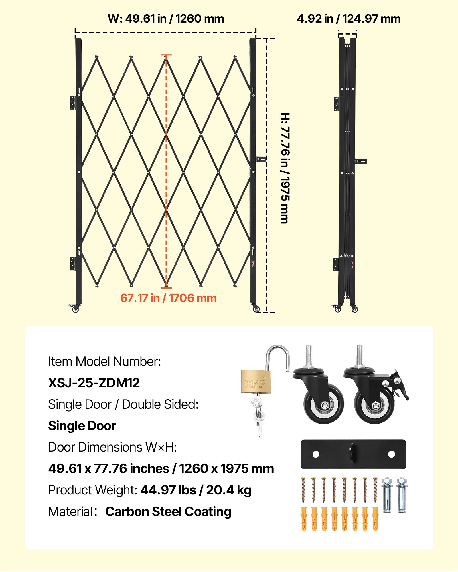 VEVOR Single Folding Security Gate, Lockable Scissor Gate with 360° Swivel Casters, Outdoor Barricade Steel Retractable Gates, for Entry Security, Garage, Warehouse & Pool, 1260 x 1975 mm (W x H)