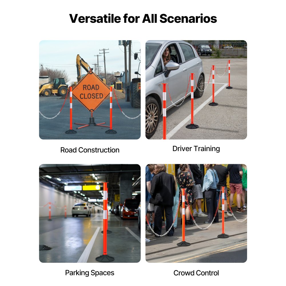VEVOR Pali Delimitatori di Traffico, 4 Pezzi, Paletti di Sicurezza Stradale da 871 mm con Base Appesantita e Strisce Riflettenti e Catena, Pali Delimitatori per Cantieri Edili, Parcheggi, Rosso