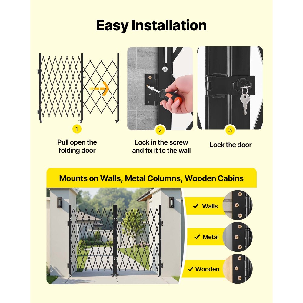 VEVOR Double Folding Security Gate, Lockable Scissor Gate with 360° Swivel Casters, Outdoor Barricade Steel Retractable Gates, for Entry Security, Garage, Warehouse & Pool, 3300 x 1605 mm (W x H)