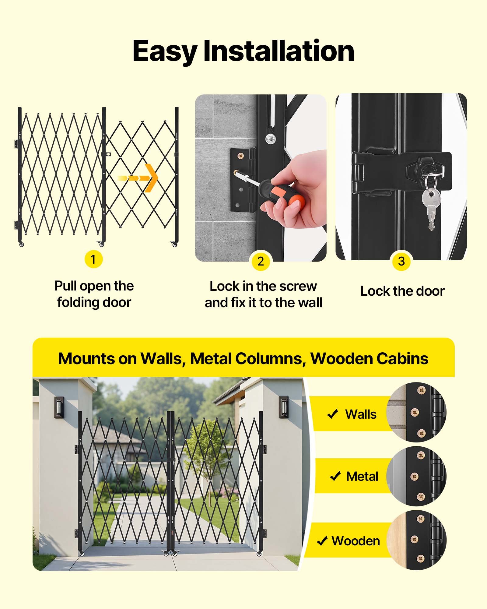 VEVOR Double Folding Security Gate, Lockable Scissor Gate with 360° Swivel Casters, Outdoor Barricade Steel Retractable Gates, for Entry Security, Garage, Warehouse & Pool, 3300 x 1605 mm (W x H)