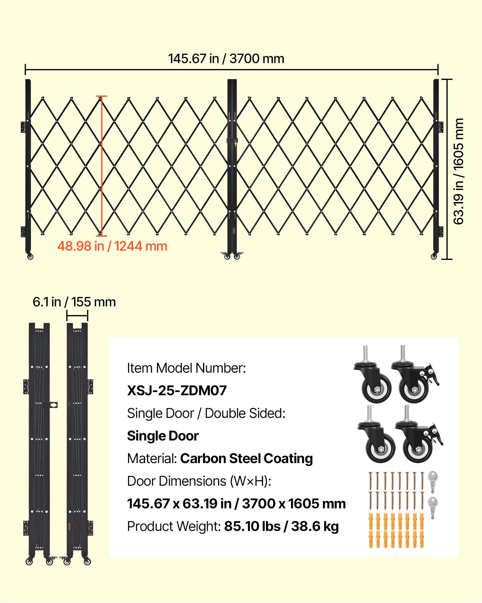 VEVOR Cancello di Sicurezza Pieghevole Doppio 3700 x 1605 mm Cancello a Forbice Bloccabile in Acciaio per Esterni, con Ruote Girevoli a 360° per Sicurezza di Ingressi, Garage, Magazzini e Piscine