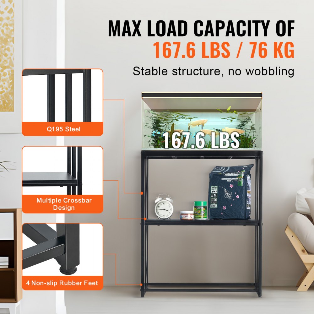 VEVOR Supporto per Acquario Carico 76 kg, Mobili per Acquario 66x33x76,2 cm, Acciaio Robusto, Supporto per Acquario per Rettili con Kit di Stoccaggio Hardware, Casa, Nero