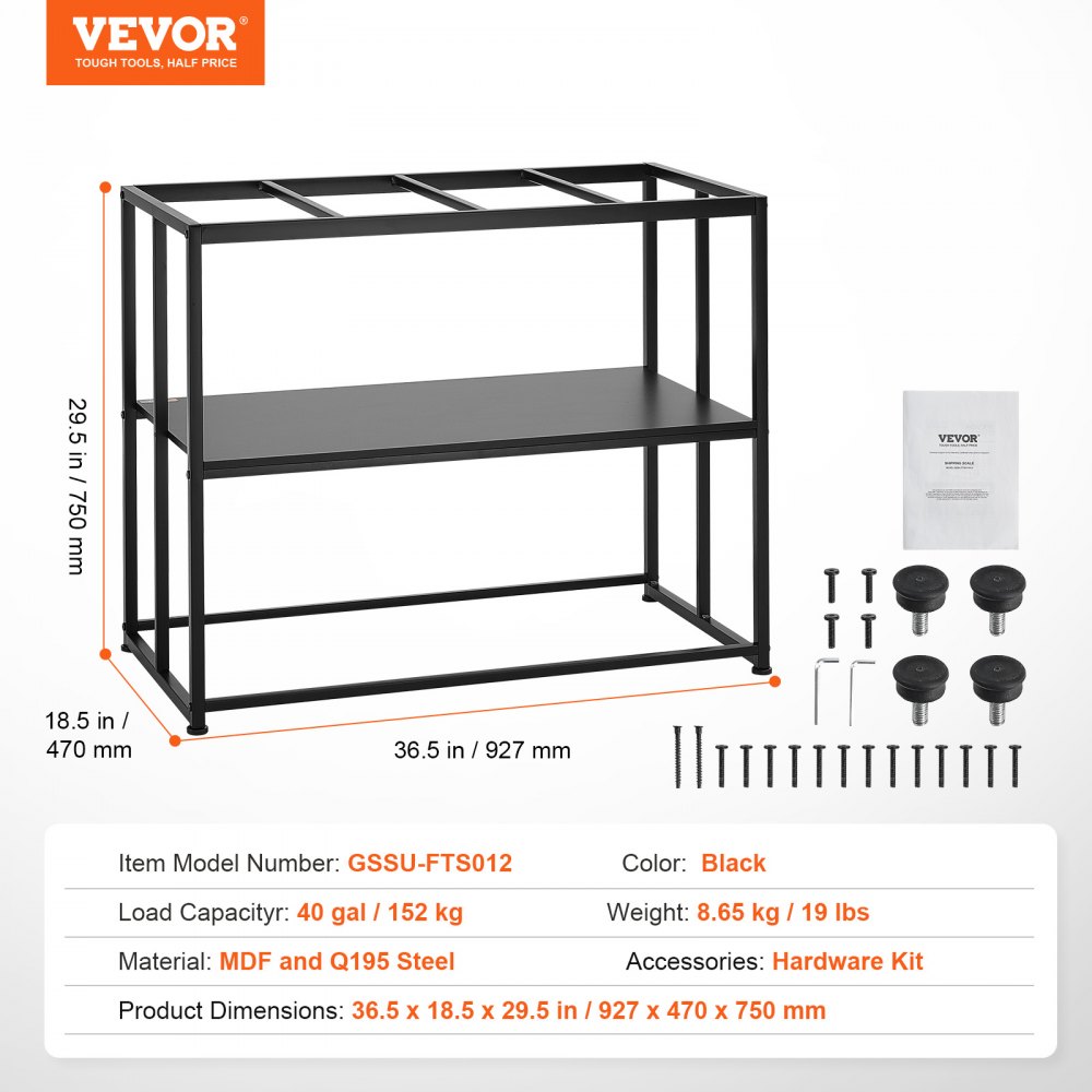 VEVOR Supporto per acquario 40 galloni in acciaio 36,5 x 18,5 x 29,5 pollici, Capacità di carico di 335 libbre, Supporto acquario rettili con contenitore, Kit hardware e Piedini antiscivolo, Nero
