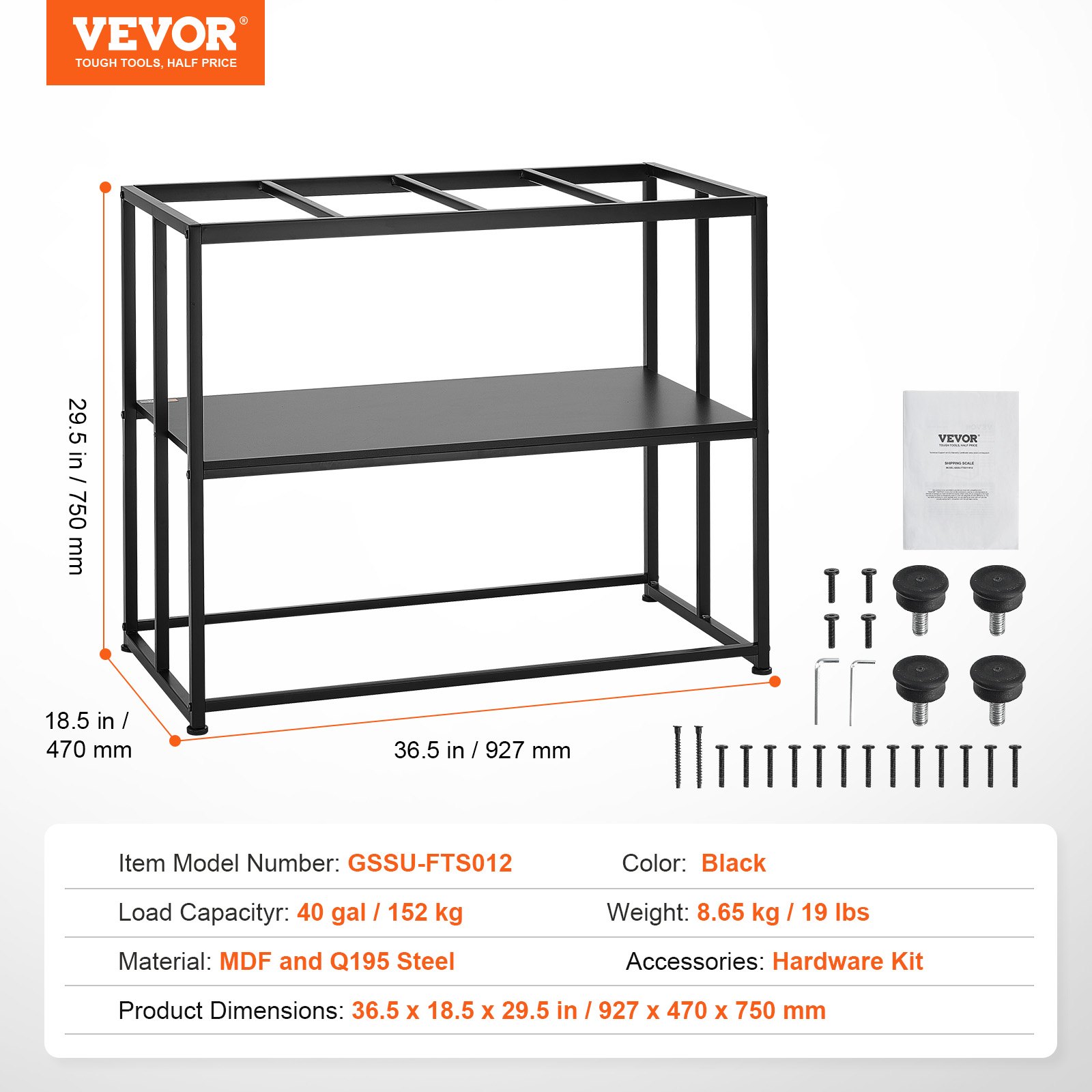 VEVOR Supporto per acquario 40 galloni in acciaio 36,5 x 18,5 x 29,5 pollici, Capacità di carico di 335 libbre, Supporto acquario rettili con contenitore, Kit hardware e Piedini antiscivolo, Nero