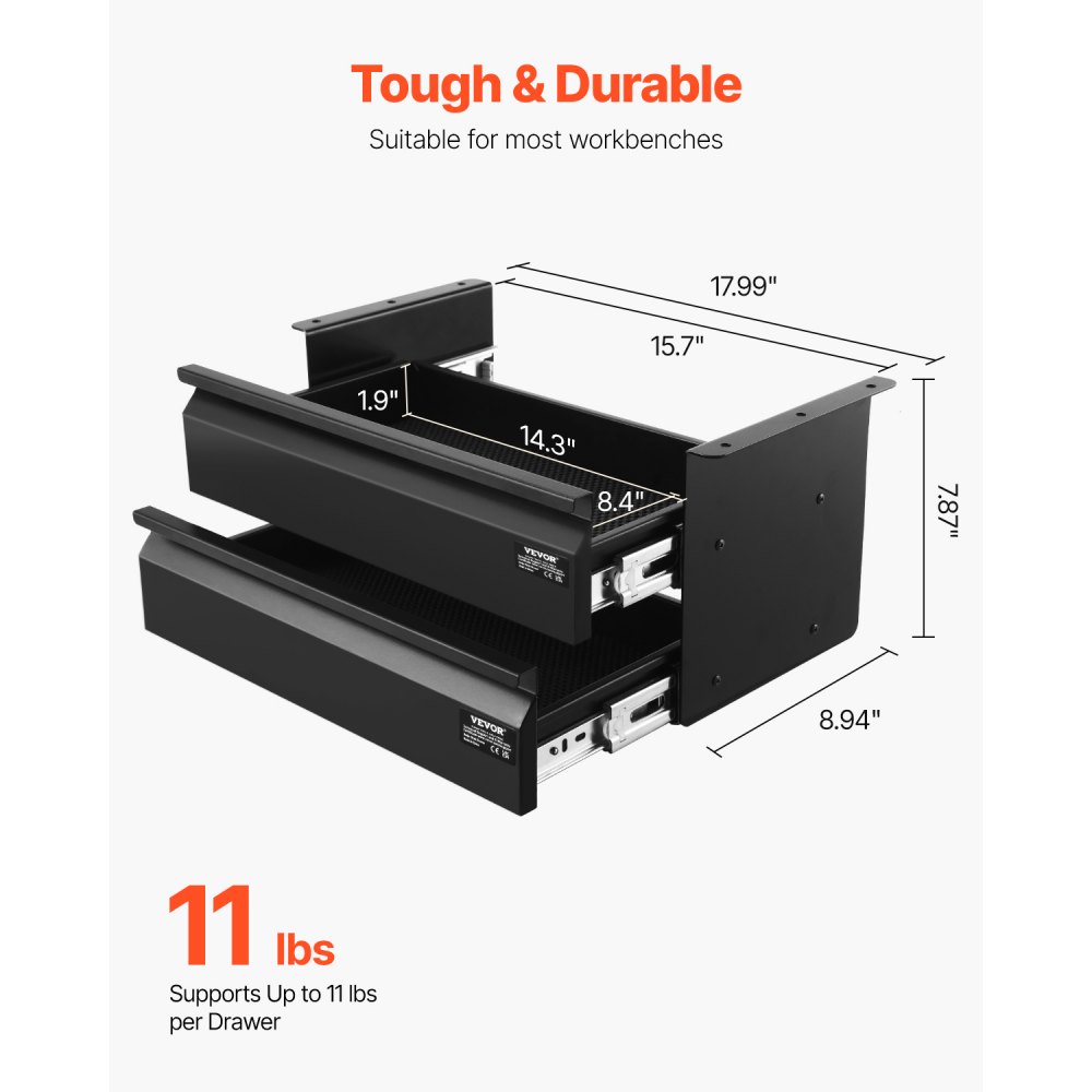 VEVOR Cassetto Estraibile Sotto Scrivania 457 x 227 x 200 mm Organizzatore Nascosto per Riporre Oggetti 2 Strati, Cassetto Portapenne Sotto Tavolo, per Postazioni di Lavoro Domestiche Sit Stand, Nero