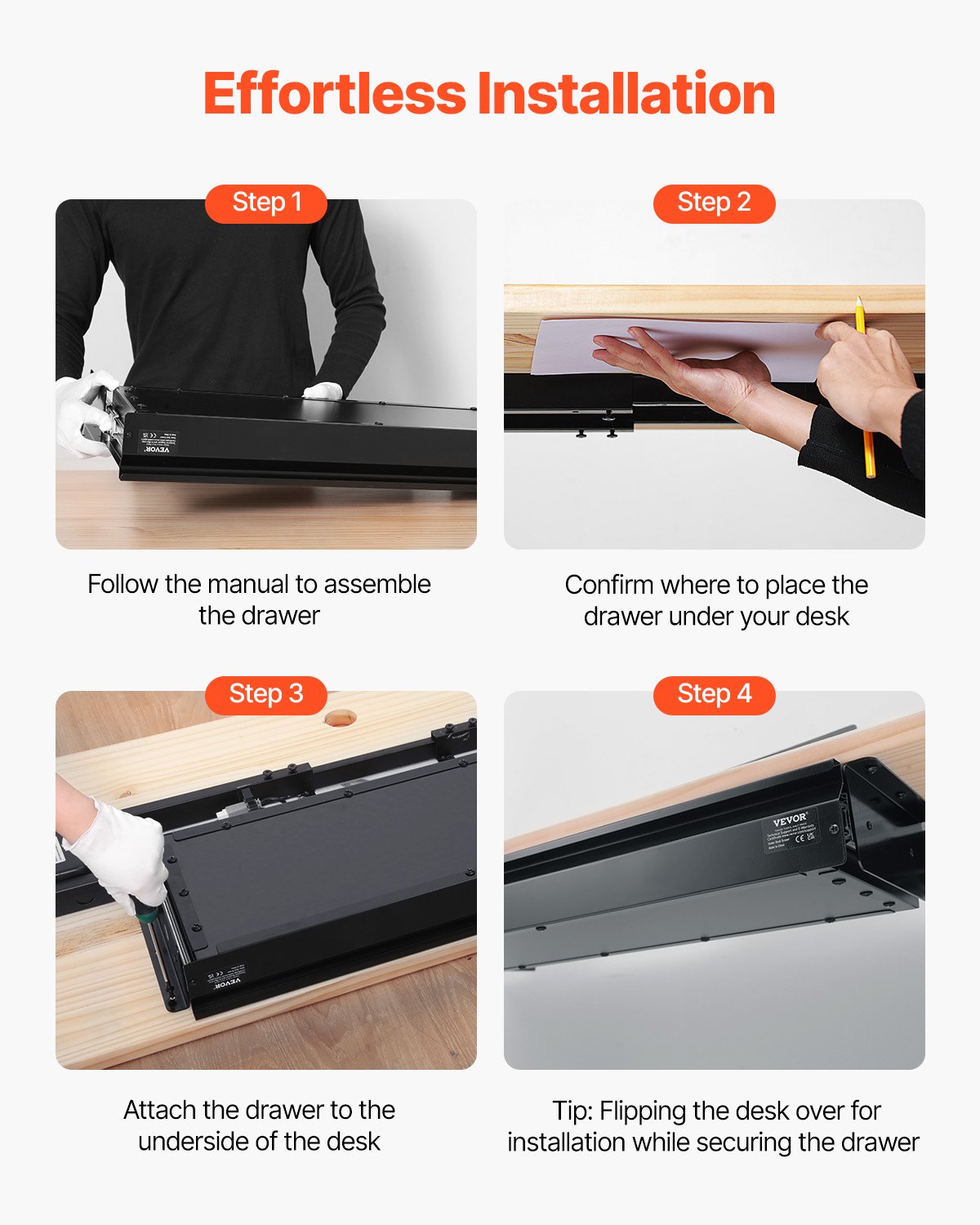 VEVOR Cassetto Estraibile Sotto Scrivania 740 x 235 x 107 mm Organizzatore Nascosto per Riporre Oggetti sulla Scrivania, Cassetto Portapenne Sotto Tavolo per Postazioni di Lavoro da Ufficio, Nero