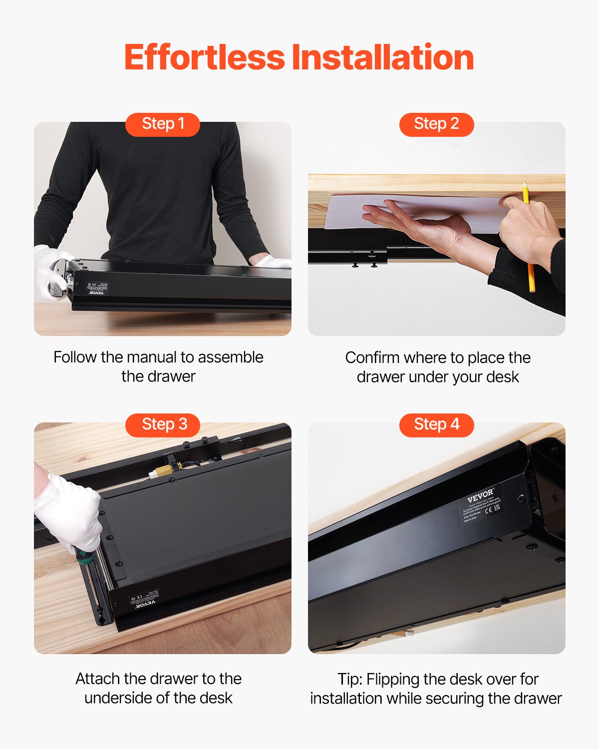 VEVOR Cassetto Estraibile Sotto Scrivania 840 x 240 x 107 mm Organizzatore Nascosto per Riporre Oggetti sulla Scrivania, Cassetto Portapenne Sotto Tavolo per Postazioni di Lavoro da Ufficio, Nero