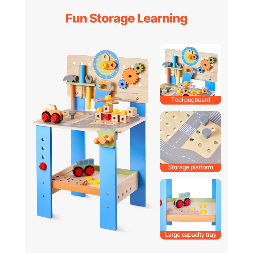 VEVOR Banco da Lavoro Giocattolo per Bambini 62 Pezzi, Banco da Lavoro in Legno 398 x 340 x 690 mm per Bambini 3 Anni in Su, Set di Giocattoli da Costruzione Giocattolo, per Bambini Attrezzi