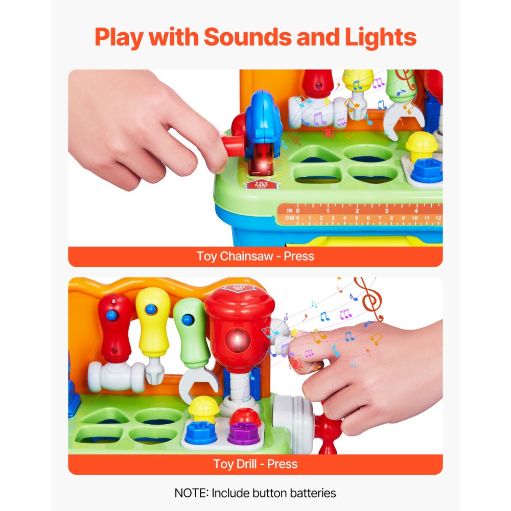 VEVOR Musical Workbench Toy, Sounds & Lights, Learning Workbench for Children 2 Years and Up, Motor Skills Toy, Baby Role Play Tool Set, Shape Sorting Activities for Toddlers