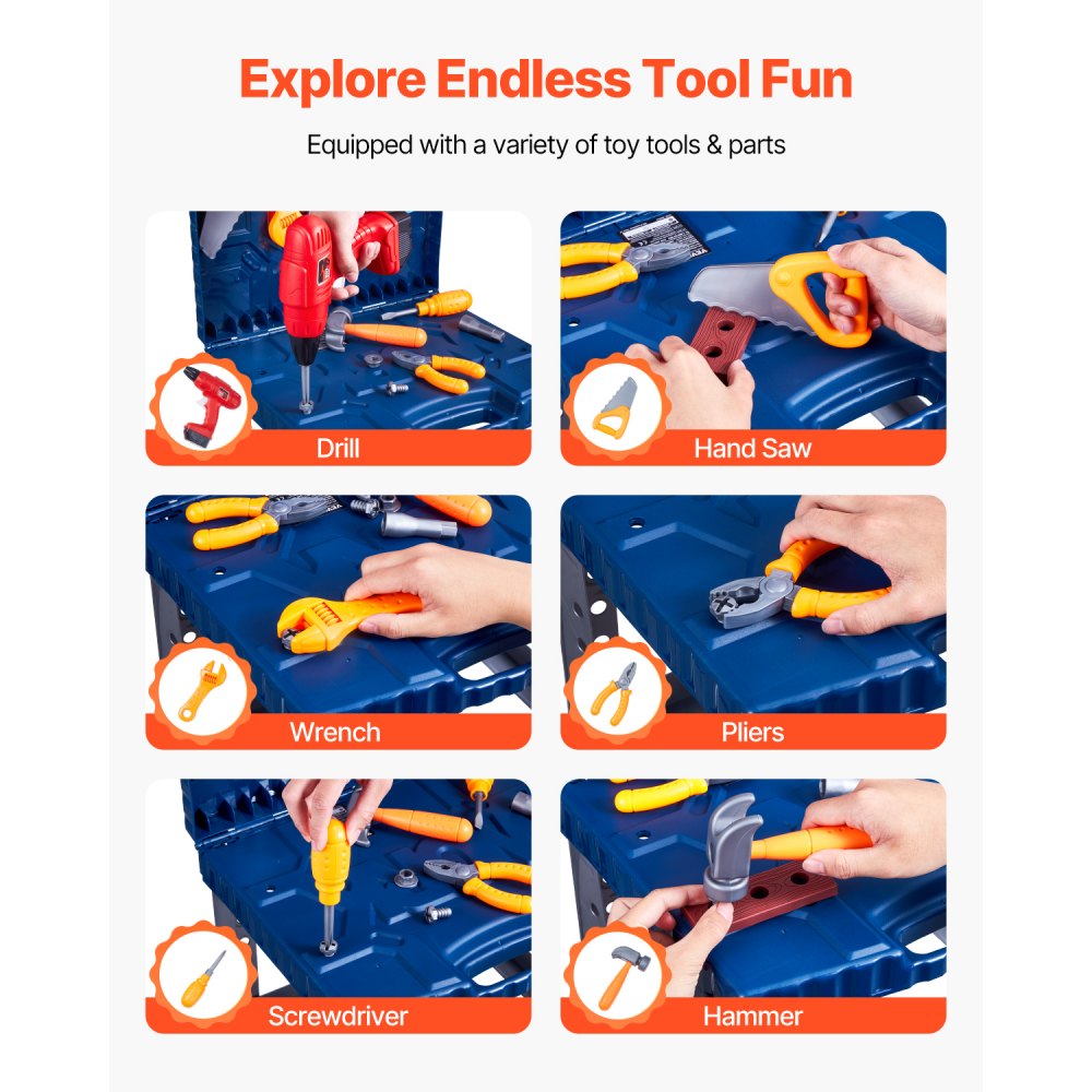 VEVOR Banco da Lavoro Giocattolo per Bambini 56 Pezzi, Banco da Lavoro in Legno per Bambini 3 Anni in Su, Banco da Lavoro Giocattolo per Bambini Attrezzi, Set di Giocattoli da Costruzione Giocattolo