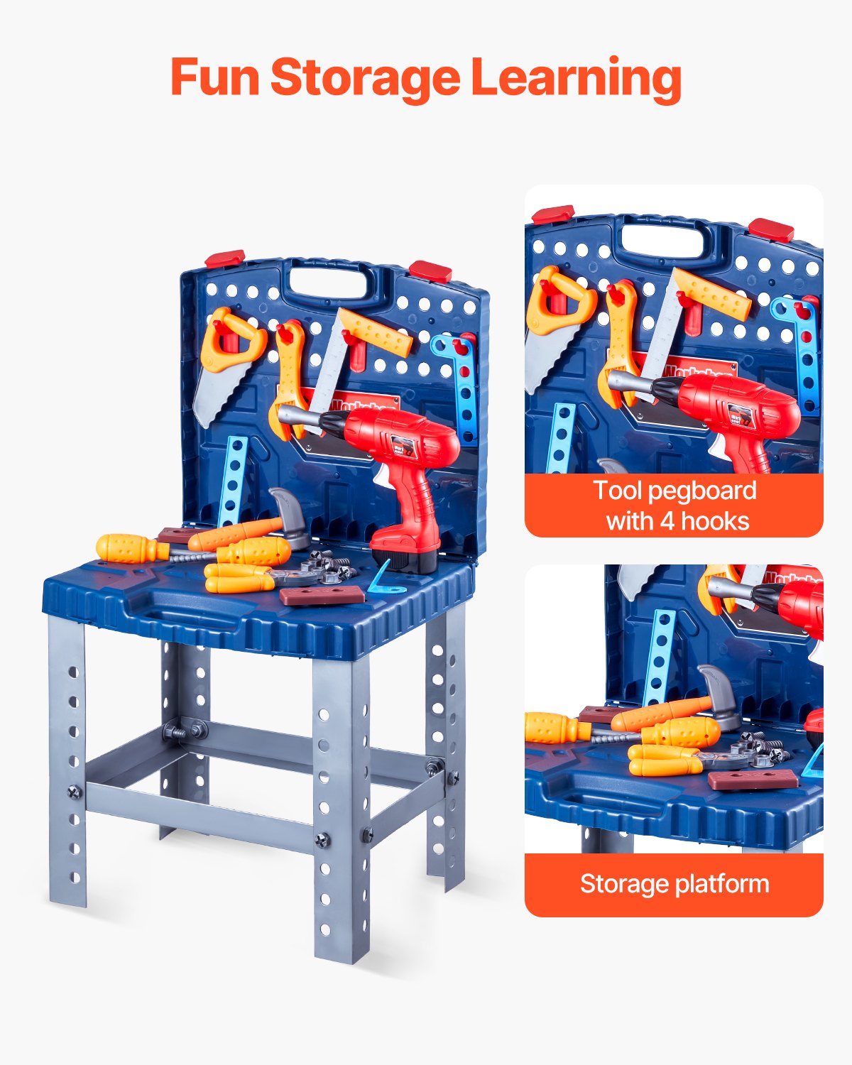 VEVOR Children's Workbench, 56-Piece Tool Set, Toy Tools with Realistic Tools and Electric Drill, Construction Tools for Toddlers, for Children 3 Years and Up