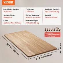 VEVOR Piano per Scrivania 180x80x2,5 cm Portata max. 100 kg, Piano in Truciolare per Tavolo Scrivania, Piano per Tavolo Lavoro Tavolo da Pranzo, Pannello per Tavolo Banco di Lavoro in Legno Truciolare