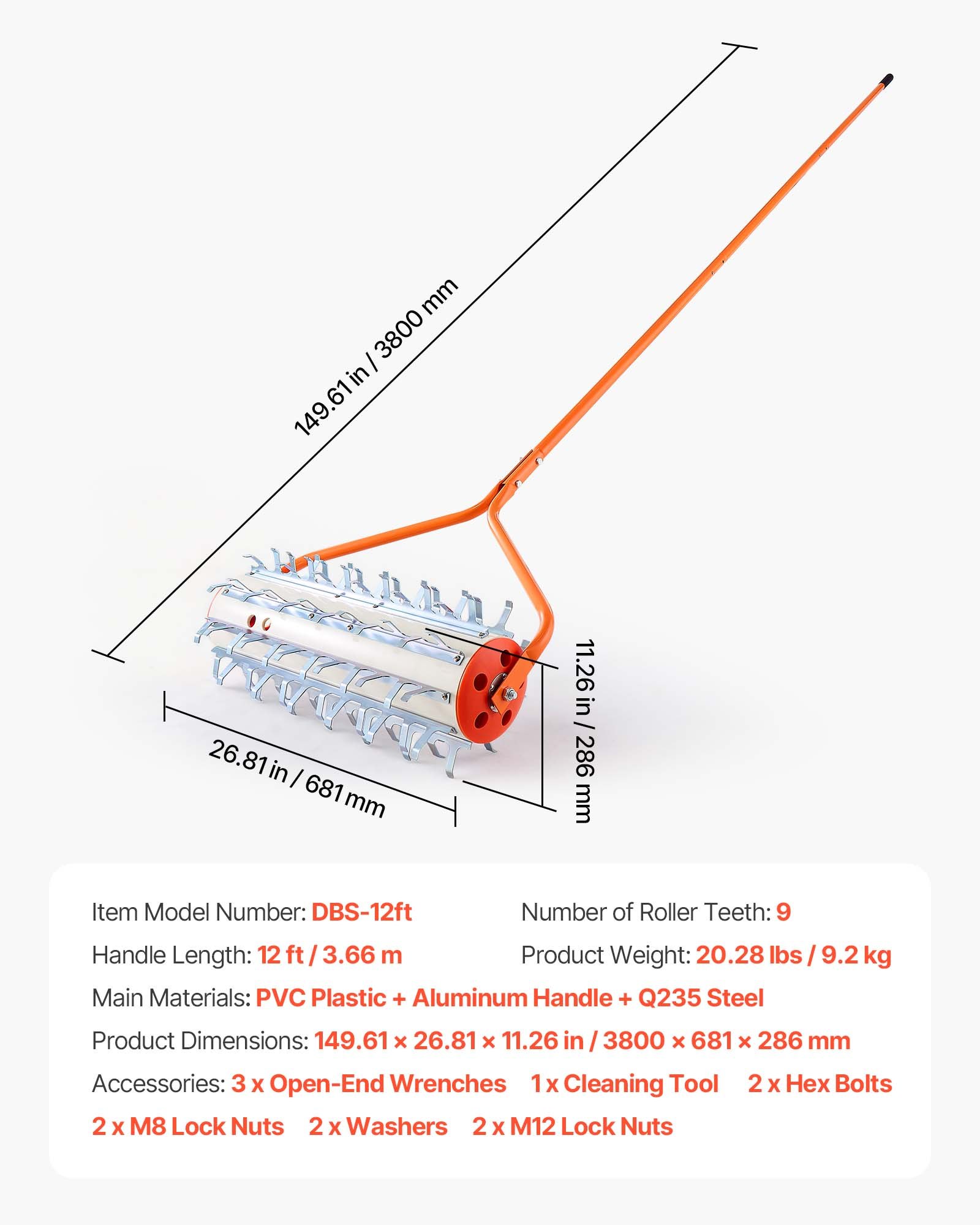 VEVOR Rullo per Rimozione di Erbacce da Lago, Strumento per Rimozione delle Erbacce Acquatiche per Laghi Stagni Numero di Denti del Rullo 9, Lunghezza Manico 3,66 m, Rastrello a Rullo per Laghetti
