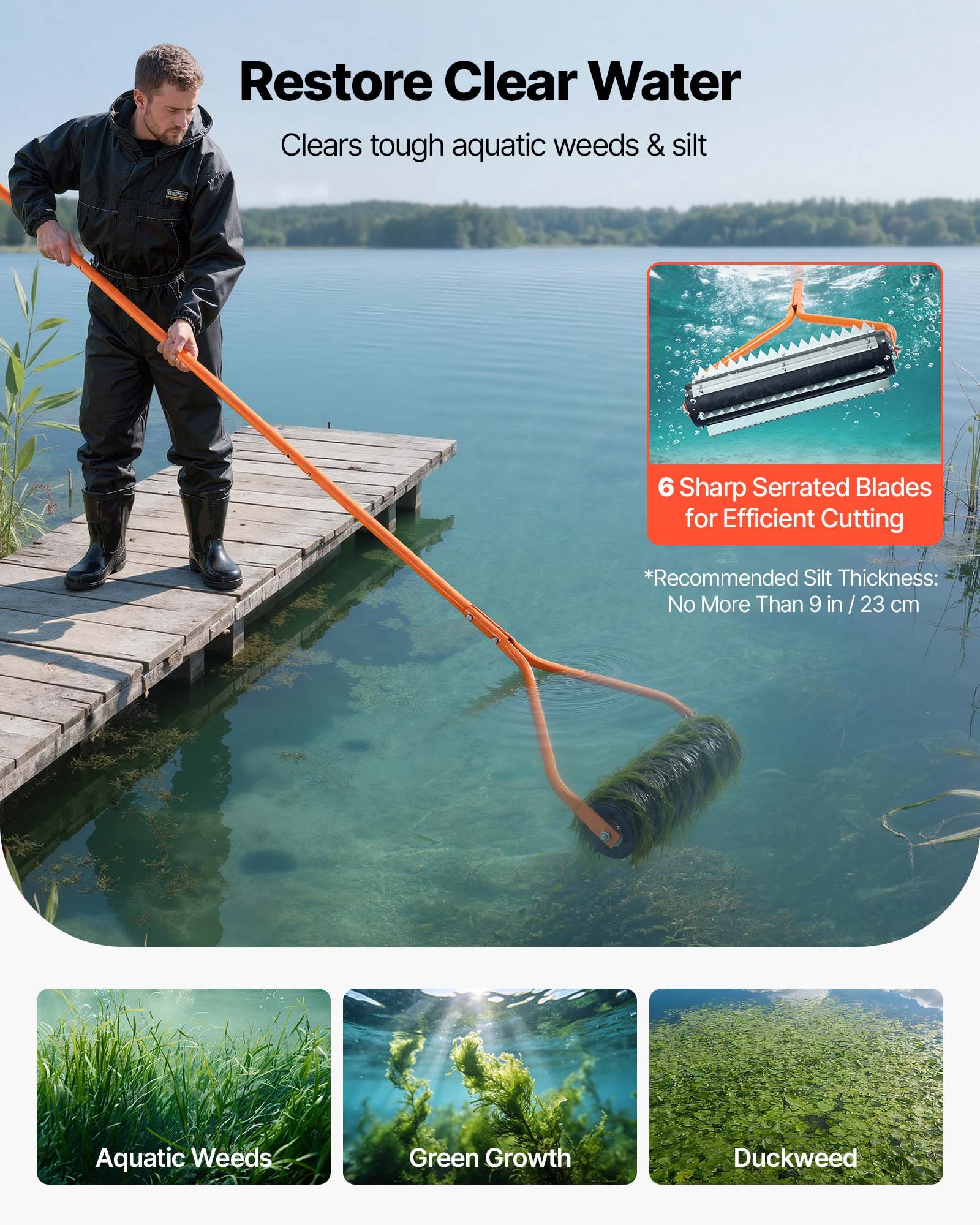 VEVOR Lake Weed Roller, 4.3 m Stainless Steel Lake & Pond Weed Removal Tool, Muck Razer Aquatic & Sludge Tiller, Rid Roots and Muck Buildup, 6 Preassembled Stainless Steel Blades, 4 Aluminum Handles