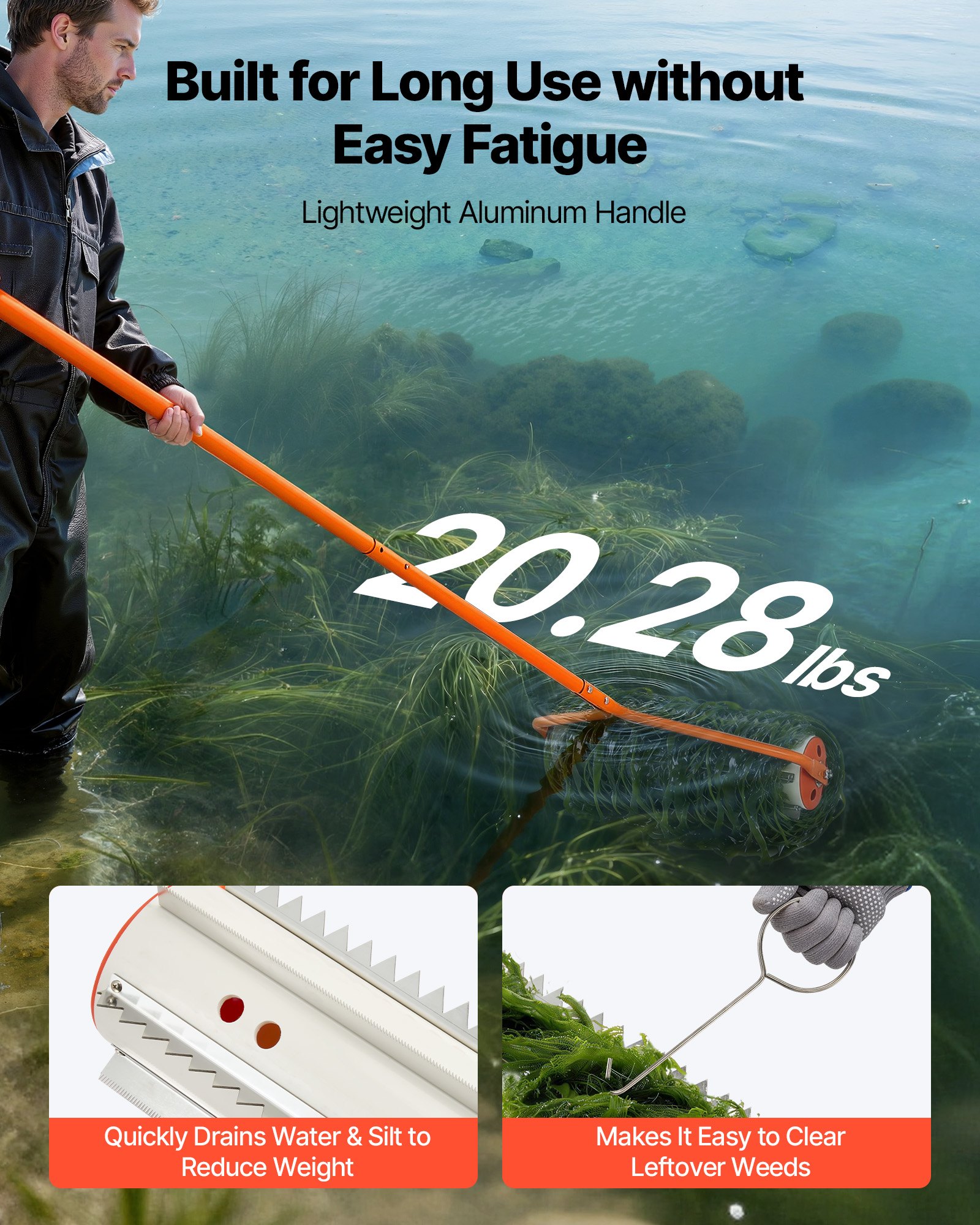 VEVOR Rullo per Rimozione di Erbacce da Lago, Attrezzo per Pulizia Erbacce Alghe da Laghi Stagni Larghezza 681 mm, Rastrello a Rullo per Rimozione Erbe da Stagni Laghetti Lunghezza Manico 5,49 m