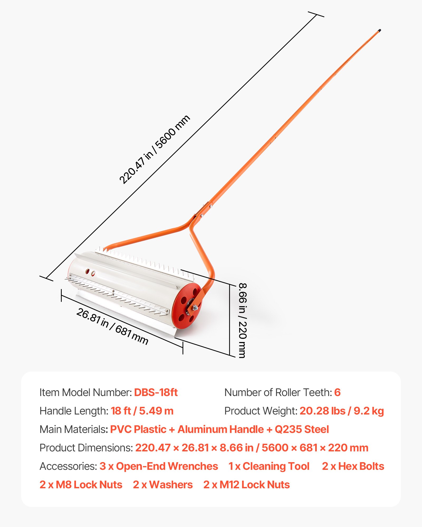 VEVOR Rullo per Rimozione di Erbacce da Lago, Attrezzo per Pulizia Erbacce Alghe da Laghi Stagni Larghezza 681 mm, Rastrello a Rullo per Rimozione Erbe da Stagni Laghetti Lunghezza Manico 5,49 m