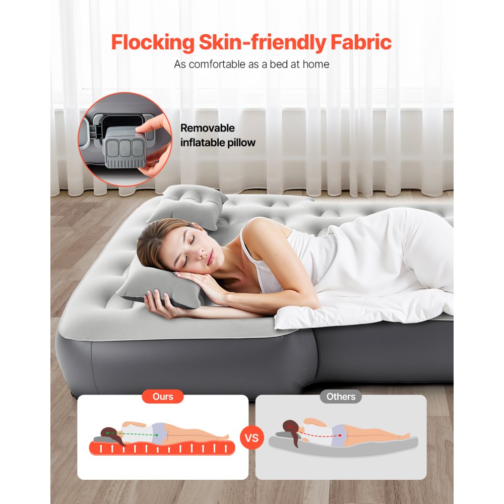 VEVOR Materasso ad Aria per Auto, Materasso Gonfiabile da Campeggio Floccato e Ispessito, Confortevole Letto da Dormire Portatile da Viaggio, con Pompa dell'Aria, 2 Cuscini, Grigio