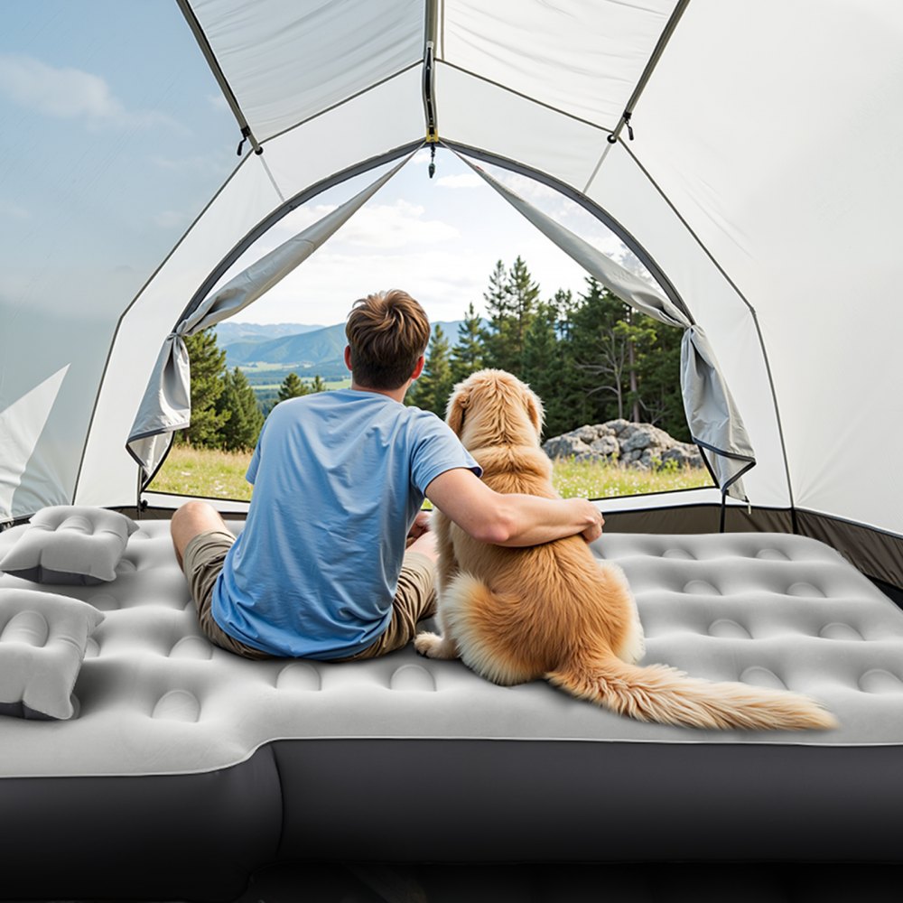 VEVOR Materasso ad Aria per Auto, Materasso Gonfiabile da Campeggio Floccato e Ispessito, Confortevole Letto da Dormire Portatile da Viaggio, con Pompa dell'Aria, 2 Cuscini, Grigio