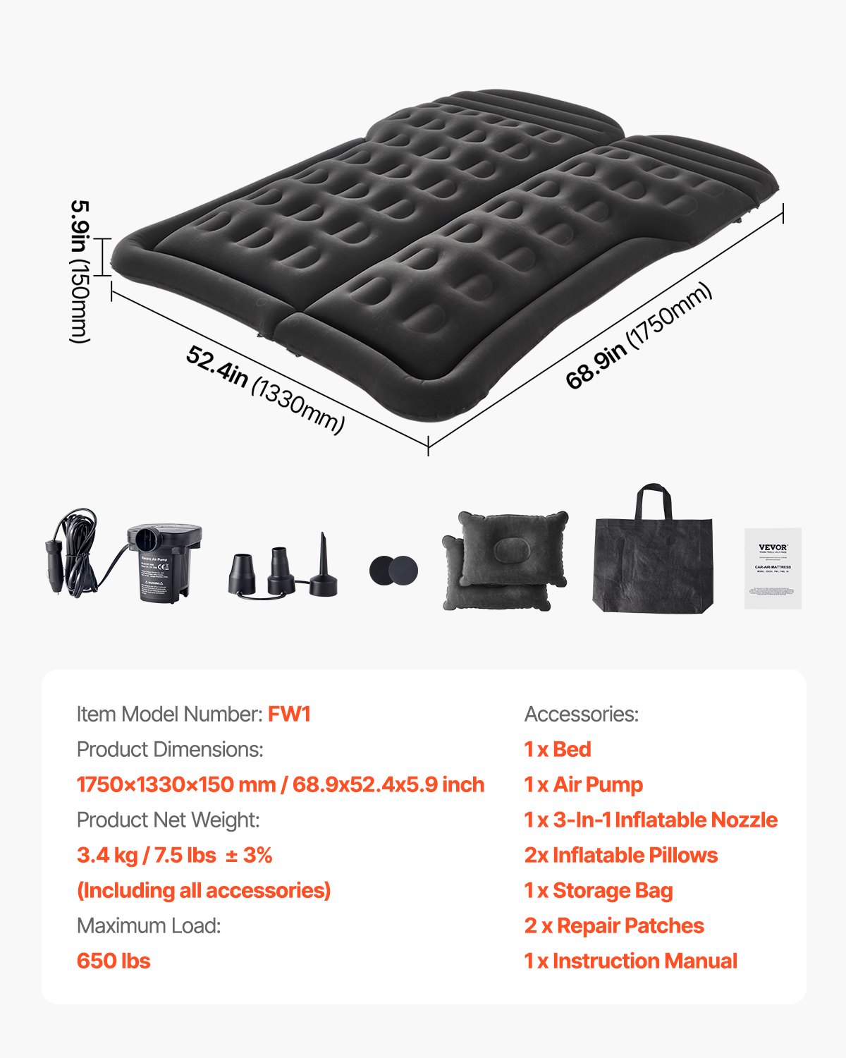 VEVOR Car Air Mattress Inflatable Camping Mattress Flocked & Thickened Travel Beds Portable Sleeping Mat with Air Pump & 2 Pillows & Nozzle & Carrying Bag, for most SUVs MPVs Sedans, Black